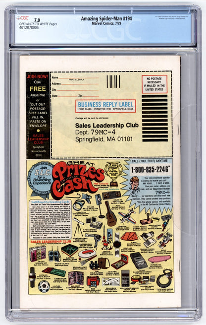 Amazing Spider-Man #194  CGC 7.0  1st App. of the Black Cat