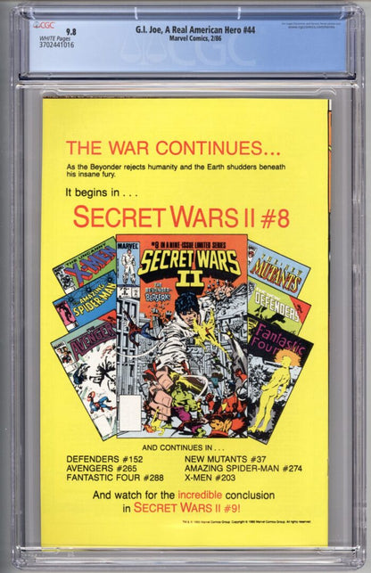 G.I. Joe #44  CGC 9.8  1st appearance of Heavy Metal, Airtight, Bazooka, Crank Case, & Doctor Mindbender