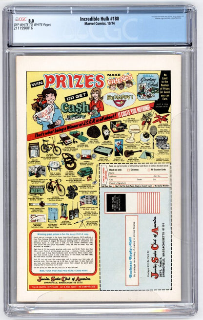 Incredible Hulk #180  CGC 8.0  1st brief appearance of Wolverine