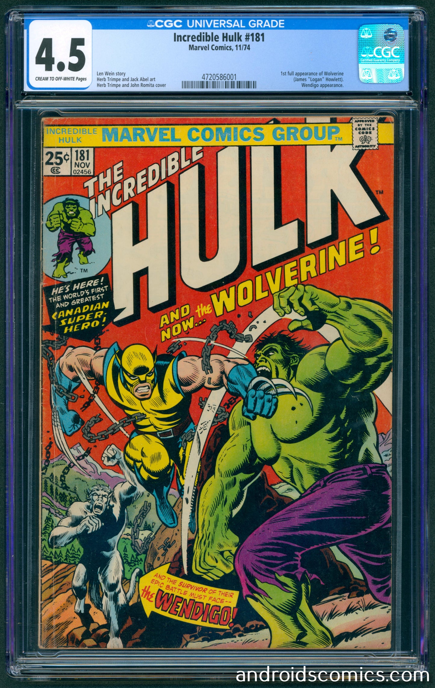 Incredible Hulk #181  CGC 4.5  1st Full App. of Wolverine