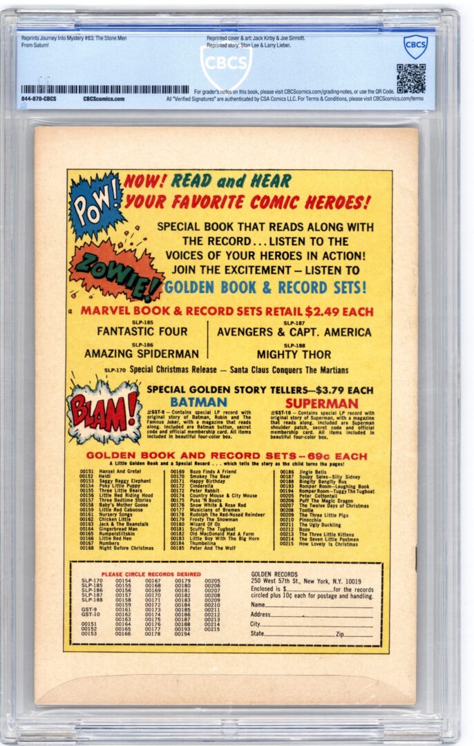 Journey Into Mystery #83  CBCS 7.0  Gold Record Reprint