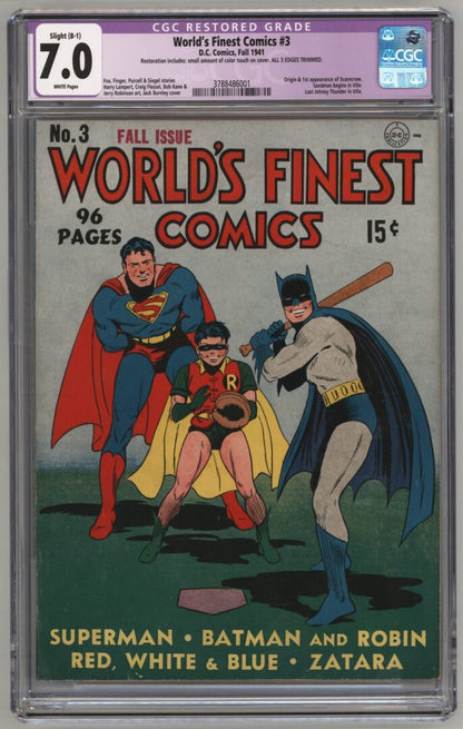 World's Finest Comics #3  CGC 7.0 Restored Origin & 1st App. of Scarecrow