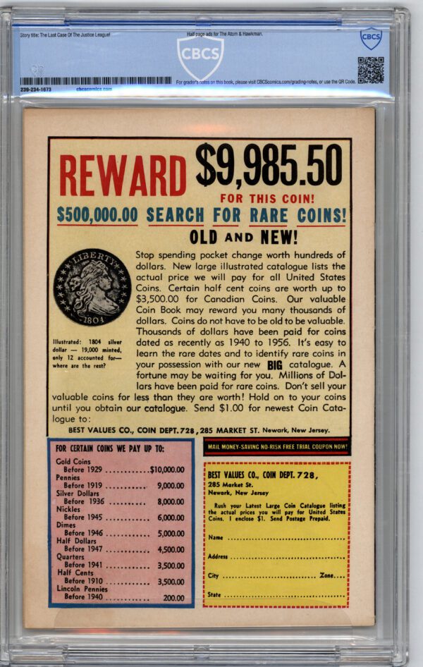 Rare coin reward ad, $9,985.50 offered.