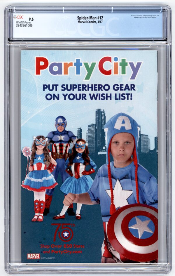 Kids in superhero costumes; Party City ad.