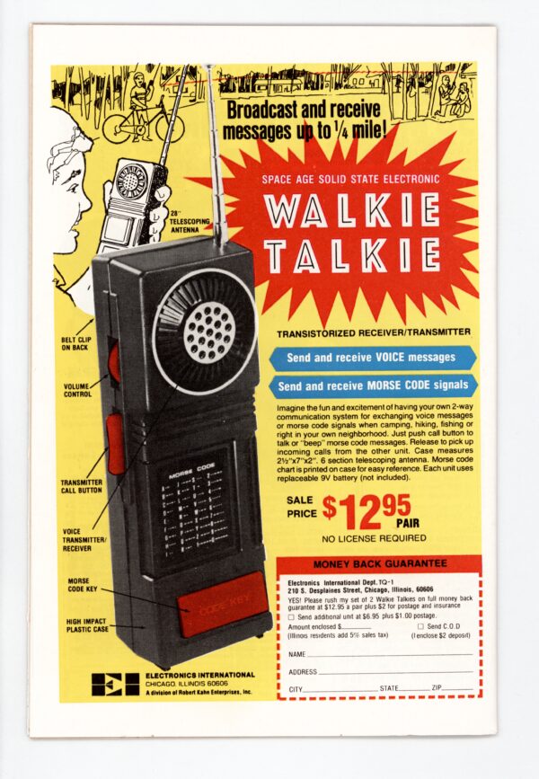 Vintage walkie-talkie ad; send/receive voice & Morse code.