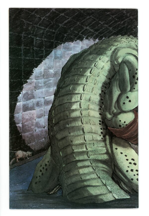 Giant crocodile's back, small rodent.