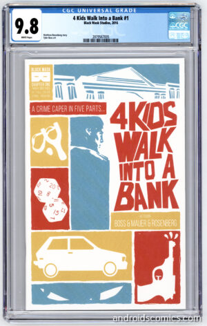 Front view of 4 kids walk into a bank comic