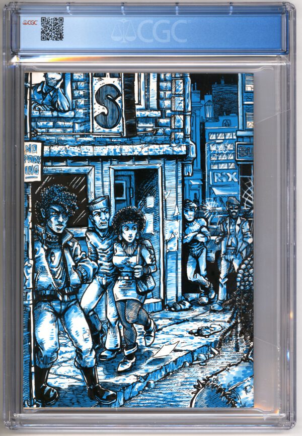 Blue comic book city street scene.