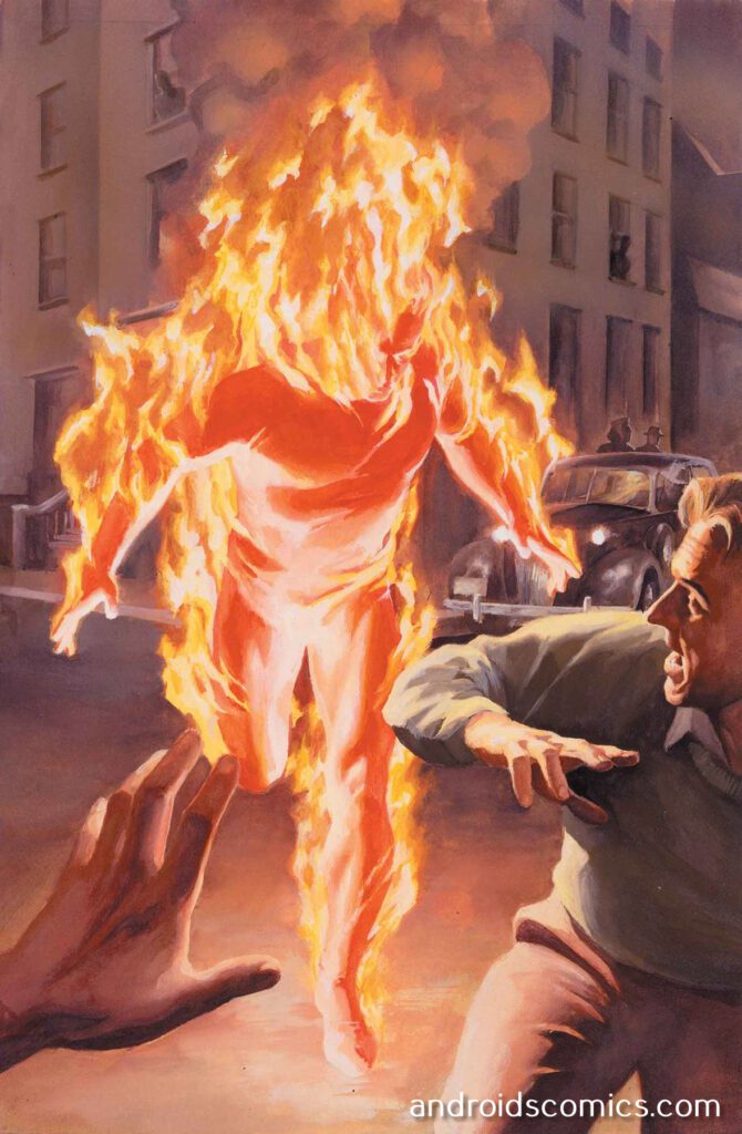 Human Torch in fiery form, city street.